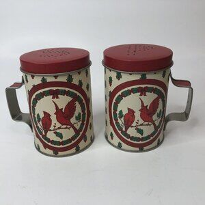 Vintage Tin Metal Salt & Pepper Shaker Red Cardinals Holly Berries Christmas Bow